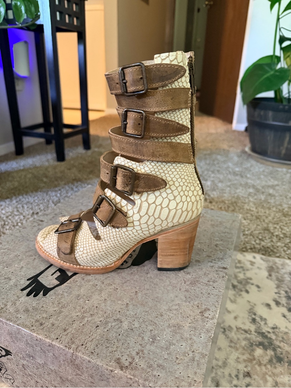 Freebird by Steven Cream and Brown Buckle-Strap Heeled Boot